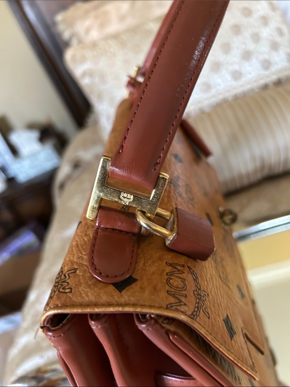 MCM Cognac Logo Visetos Top Handle Satchel with Gold Hardware lock w keys  COA - Picture 5 of 15
